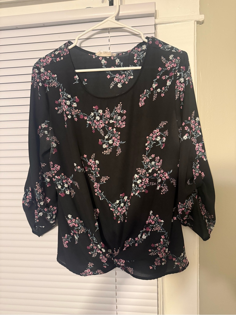Floral Twist-Front Black Blouse with Pink Accents